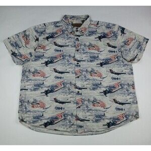 ClearWater Button Shirt All Over Print WW2 Fighter Planes U.S. Flags Men's 2XL